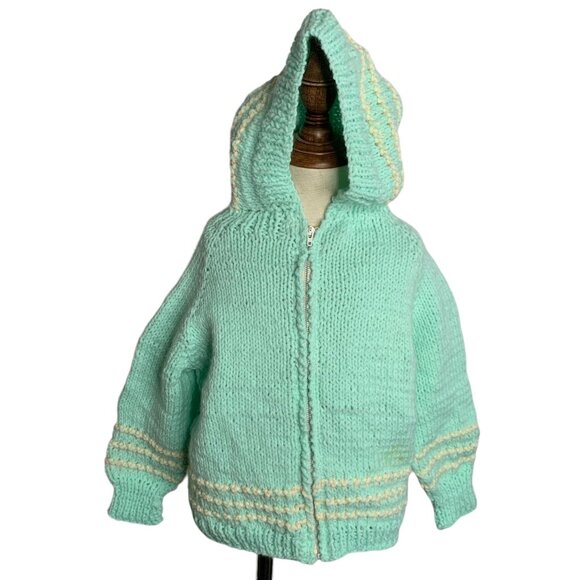 Vintage Handmade Knit Cardigan Sweater 4T Toddler Blue Green Long Sleeves Zipper - Picture 2 of 7